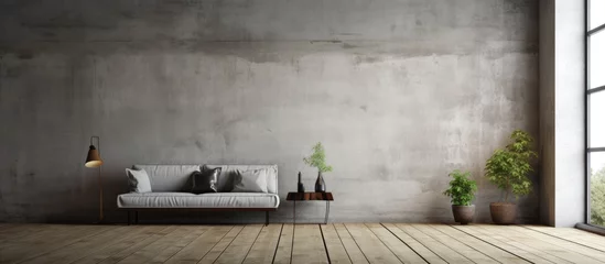 Keuken spatwand met foto Gritty cement wall with wood plank flooring © Vusal