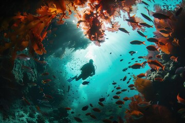 Scuba diver swimming under the sea between the colorful reef and fishes. 