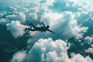 Skydiver in action, parachuter free falling between the clouds, extreme sport. - obrazy, fototapety, plakaty