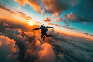 Skydiver in action, parachuter free falling between the clouds, amazing sunset in the background. Extreme sport. - obrazy, fototapety, plakaty