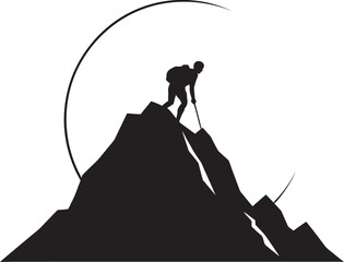 Thrill Triumph: Man Climbing Mountain Vector Icon in Black Summit Seeker: Mountain Climber Black Logo Icon - obrazy, fototapety, plakaty