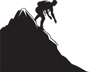 Scaling Success: Mountain Climber Black Logo Design Triumph Over Heights: Man Climbing Mountain Vector Icon in Black