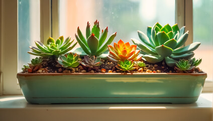 flowerpot with beautiful succulents on the windowsill at home - obrazy, fototapety, plakaty