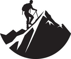 Summit Ascent: Man Climbing Mountain Black Logo Icon Peak Pursuit: Mountain Climber Logo Design in Black Vector