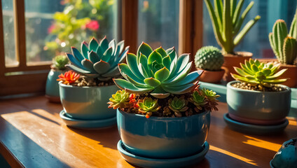 flowerpot with beautiful succulents on the windowsill at home