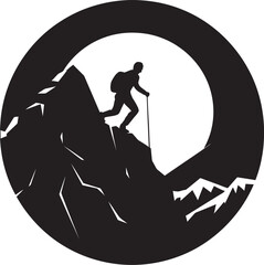 Scaling Success: Mountain Climber Black Logo Design Thrill of Triumph: Man Climbing a Mountain Vector Icon in Black - obrazy, fototapety, plakaty