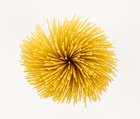 Spaghetti pasta on a white table. Top view. The concept of pasta production.