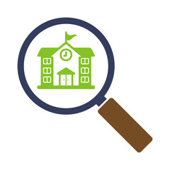 Magnifying glass icon with school. Illustration