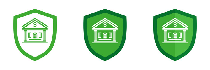 Set of shield icons with bank. Illustration