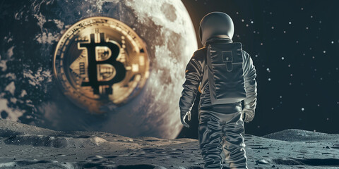An astronaut gazes at a giant Bitcoin hovering in space, illustrating cryptocurrency's vast potential - obrazy, fototapety, plakaty