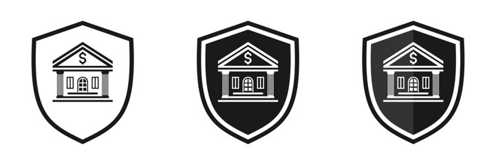 Set of shield icons with bank. Illustration