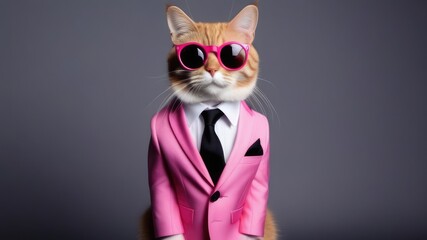 red cat in a pink suit with a tie and glasses on a gray background. the concept of an unpredictable, unique or eccentric product or brand, surprising and entertaining the public