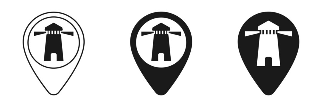 Set of lighthouse icons on the map. Illustration
