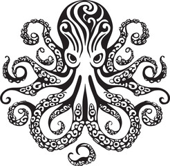Spirals of Wisdom: Octopus Mandala Art in Black Vector Cosmic Connection: Octopus Mandala Black Logo