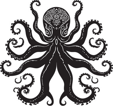 Tranquil Symmetry: Octopus Mandala Black Logo Design Celestial Spirals: Octopus Mandala Vector Icon in Black