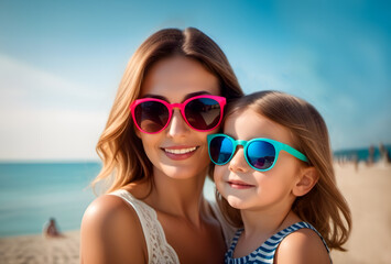 Mother with small daughter in sunglasses enjoying themselves by the beach in the sunshine. Loving family fun by the water. - 756796178