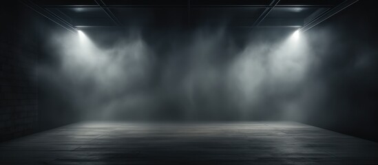 A dimly lit room filled with clouds of smoke, automotive lighting casting spotlights on the grey floor. The atmosphere is reminiscent of a monochrome photography scene