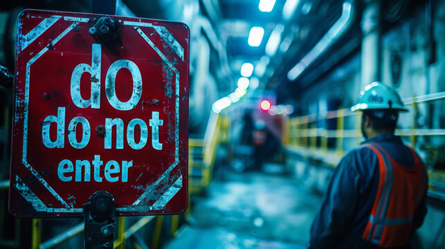 A worn "Do Not Enter" sign in an industrial environment with a worker in the background, emphasizing workplace safety.