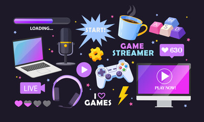 Cartoon gamer elements collection with different modern electronic gadgets.  © Elen_Art