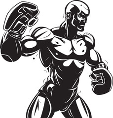 Techno Boxer: Robot Boxer Black Logo Design Metallic Fighter: Robot Boxer Vector Black Icon