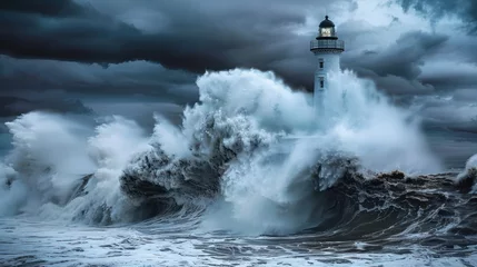 Rolgordijnen Waves crash against a lighthouse on the rugged coast, a dramatic scene of maritime power. © DreamPointArt