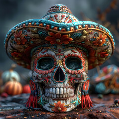 cinco de mayo skull wearing mexican sombrero hat, mexican culture celebration