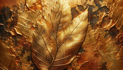 Close-up abstract background textured golden leaf against a cracked golden background exudes a...