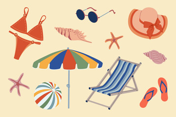 Set of elements for summer beach. Armchair, ball, hat, sunglasses, swimsuit, seashell, umbrella. Hand drawn vector illustration isolated on light background, flat cartoon style.