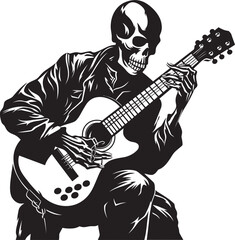 Skeletal Serenade: Guitar-Playing Skeleton Vector Design Bony Ballads: Skeleton with Guitar Black Logo Icon Design