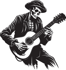 Rhythmic Remains: Skeleton Playing Guitar Logo Icon Eerie Melodies: Skeleton Guitarist Vector Black Logo