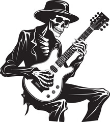 Bone Strings Symphony: Skeleton Playing Guitar Logo Design Undead Jam Session: Skeleton Vector Black Logo Icon