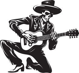 Undead Jam Session: Skeleton Vector Black Logo Icon Macabre Musician: Skeleton Playing Guitar Logo Icon Design
