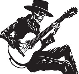 Skeletal Serenade: Guitar-Playing Skeleton Vector Design Bony Ballads: Skeleton with Guitar Black Logo Icon Design