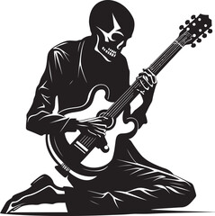 Eerie Melodies: Skeleton Guitarist Vector Black Logo Bone Strings Symphony: Skeleton Playing Guitar Logo Design