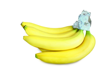  fresh organic ripe yellow banana fruit isolated protection or preservation from turning brown and keep fresh longer with aluminium foil cap wrap in cutout transparent background,png format 