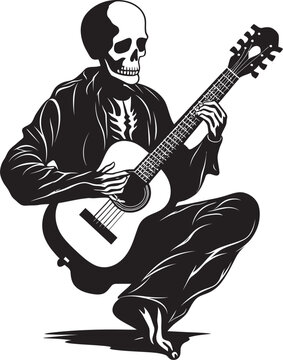 Rhythmic Remains: Skeleton Playing Guitar Logo Icon Eerie Melodies: Skeleton Guitarist Vector Black Logo