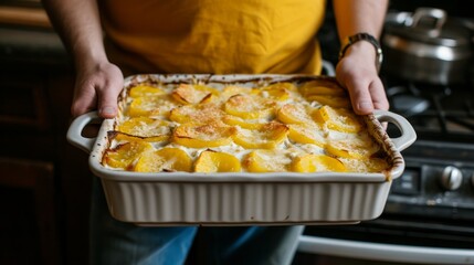 Baked sliced potato with cheese and white cream on white dish in oven, homemade comfort food recipe