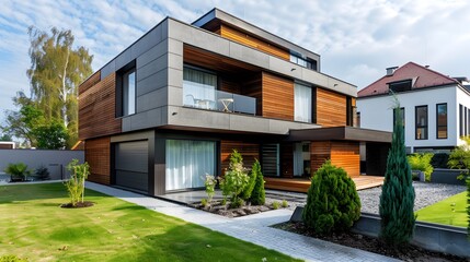 Fototapeta na wymiar Modern small minimalist cubic house with wooden cladding and concrete walls and landscaping design front yard. Residential architecture exterior.
