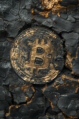 A close-up of a Bitcoin coin on a textured black background with golden cracks.