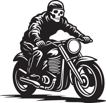 Bone Cycle: Skeleton Riding Motorcycle Vector Black Logo Haunting Highway: Skeleton Biker on Motorbike Logo Design