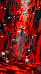 A stylish man in a white suit walks confidently through a chaotic scene of red and black abstract shapes.