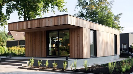 Modern small minimalist cubic house with wooden cladding and concrete walls and landscaping design front yard. Residential architecture exterior.