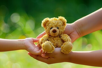 Poignant image of a child's hand receiving a teddy bear at a charity event, shallow depth of field,...