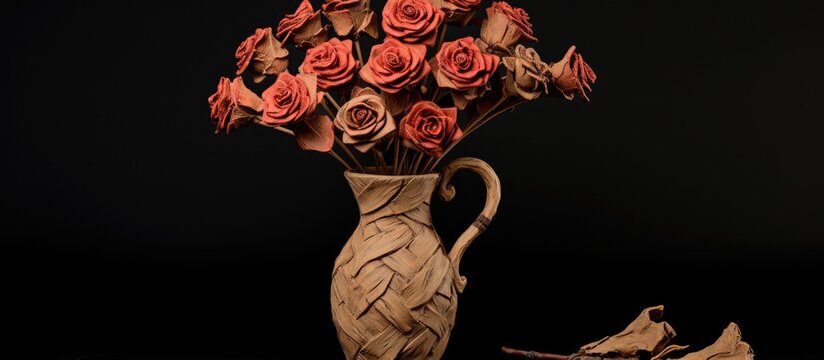 A bouquet of hybrid tea roses arranged in a flowerpot vase against a black backdrop, showcasing the beauty of cut flowers and rose petals
