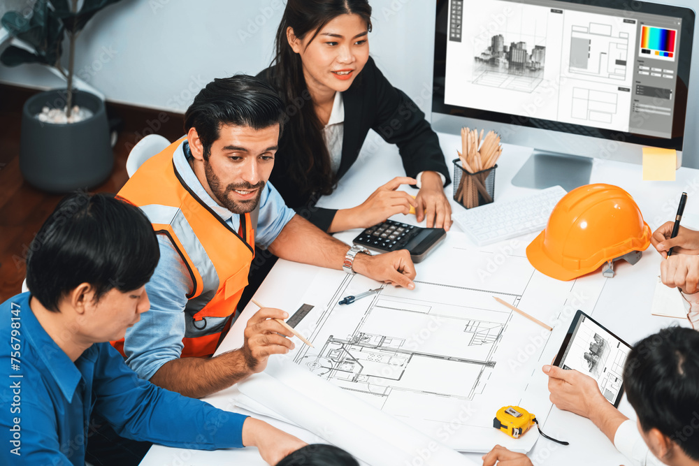 Poster diverse group of civil engineer and client working together on architectural project, reviewing cons