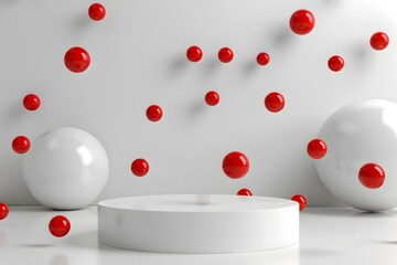 3D white cylindrical podium with floating red spheres around,minimalist style,presentation,layout, demonstration of cosmetics,design concept,marketing and advertising