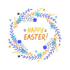 Easter greeting card with hand drawn flower wreath and lettering Happy Easter on white background. Vector illustration