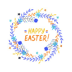 Fototapeta premium Easter greeting card with hand drawn flower wreath and lettering Happy Easter on white background. Vector illustration