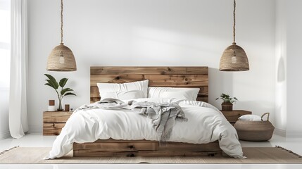 Rustic wooden bed against empty white wall with copy space. Scandinavian loft interior design of modern bedroom.