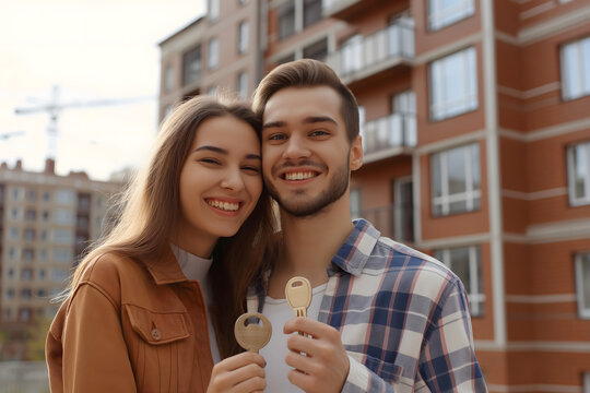 happy young couple holds key and smiles against background of an apartment building under construction, real estate investment concept,housing mortgage,purchase,construction of housing,mortgage loan
